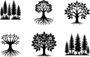 Tree and forest silhouettes in black and white for nature-themed illustrations vector
