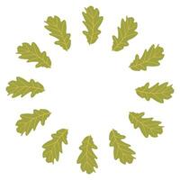 Autumn themed flat round frame with green leaves for creative designs. Hand drawn illustration for banners, cards, social media vector