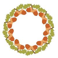 Autumn nature flat frame with acorns and green leaves for seasonal projects. Hand drawn illustration for banners, cards, social media vector