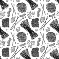 Hand drawn pasta seamless pattern on white background. Macaroni, penne, fettuccine, farfalle, fusilli and spaghetti pattern vector
