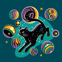 A cosmic black cat leaps amid vibrant, abstract orbs and stars on a dark teal background with a whimsical, magical atmosphere. Ideal for T-shirts, posters, book covers, digital art. vector