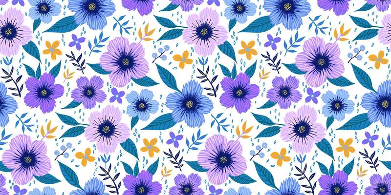 Colorful seamless floral purple blue green pattern with hand-drawn flowers and leaves on white. Ideal for fabric prints, wallpapers, gift wrap, stationery, textile, and spring or summer-themed designs