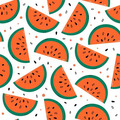 Seamless watermelon pattern, background with flat colorful fruit slices and seeds. Repeating summer design, print with simple watermelon slice.