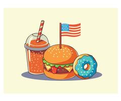 burger, soda, donut, American flag vector