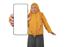 Mockup phone display by Muslim woman for app promo or UI template use png