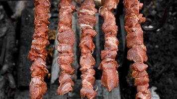 A bunch of meat on skewers on a grill photo