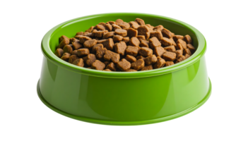 Isolated green bowl full of pet food for dog or cat animal nutrition and feeding concept on transparent background png