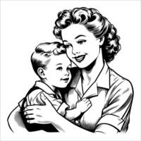 Vintage Woman Embracing Child Minimalist Line vector