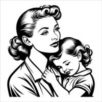 Simple Line Art of Retro Woman Holding Child vector
