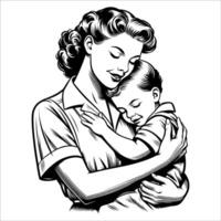Retro Ink Art Mother and Child Hugging vector