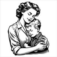 Black and White Line Art of Mother Hugging Son vector