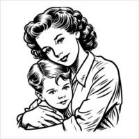 Vintage Hugging Scene Mom and Kid Outline Art vector