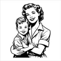 Retro Style Mom Holding Child Drawing vector