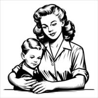 Classic Retro Woman Hugging Child in Line Style vector