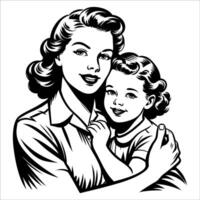 Loving Mother Holding Child Retro Outline vector