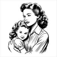 Vintage Woman Embracing Child Minimalist Line Drawing vector