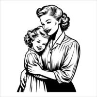 Mother and Child Hug Retro Style Thick Line Illustration vector