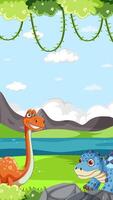Two animated dinosaurs interact in a vibrant prehistoric setting with mountains, greenery, and a clear sky video