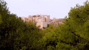 Acropolis partially obscured by lush green trees video