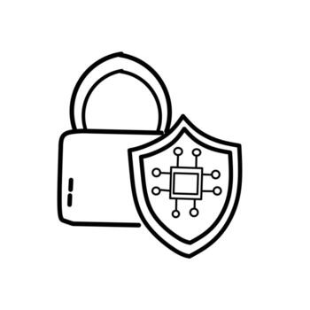 negro contorno ilustración de un seguridad proteger con un candado a sus centro, rodeado por un red con conectando nodos representando seguro red vector