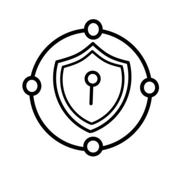 negro contorno ilustración de un seguridad proteger con un ojo de cerradura, adjunto dentro un circular red con conectando nodos simbolizando seguro conexiones y red proteccion vector