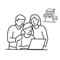 A black and white line illustration shows a family of three looking at a laptop screen, with a smaller inset image of a person wearing VR goggles and interacting with a digital interface vector
