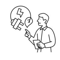 A simple line drawing depicts a person pointing towards a lightbulb emitting a lightning bolt symbol and connected to a plug vector