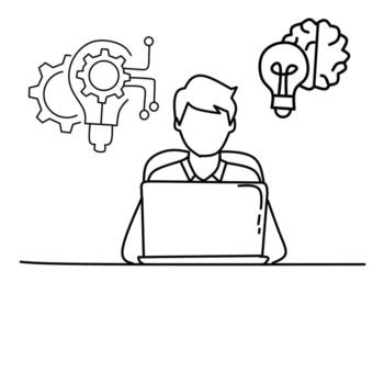 A minimalistic line drawing shows a person seated at a laptop, with lightbulb icons above one integrated with gears and circuit elements, and another paired with a brain Symbolizing ideas vector