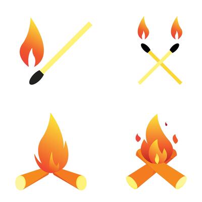 Campfire icon set. Four different types of fire and sticks