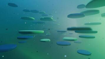 3D Animation Background, Movement of Abstract Green Blue Disc Shape and Particles, slow motion video