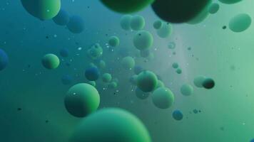 3D Animation Background, Movement of Abstract Green Blue Spheres and Particles, slow motion video