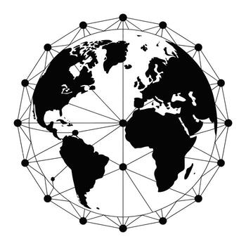 Black and white globe with connected network of lines and nodes on white background vector