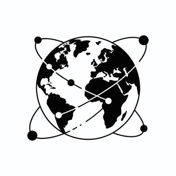 Black and white globe with connecting lines and orbiting spheres vector