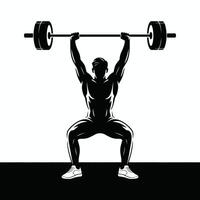 Black and white illustration of weightlifter lifting barbell overhead in squat position vector