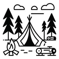 Black and White Camping Illustration Featuring Tent Trees Campfire and Clouds vector