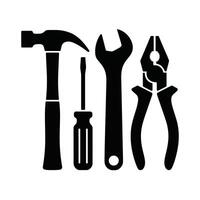 Black and white tools hammer screwdriver wrench and pliers silhouette on white background vector
