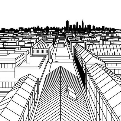 Black and White Perspective Cityscape Illustration with Buildings and Skyline