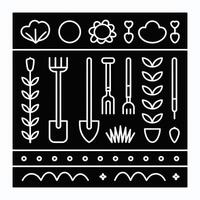 Black and white garden tools and plant elements arranged in a graphic pattern vector
