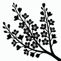 Black and White Cherry Blossom Branch Silhouette on White Background vector