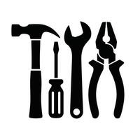 Black Silhouettes of Hammer Screwdriver Wrench and Pliers on White Background vector