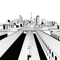 Black and white illustration of a city skyline with rooftops and buildings vector