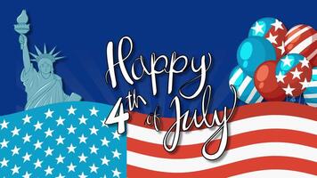 Dynamic animation with fireworks, balloons, and the Statue of Liberty celebrating Independence Day in vibrant red, white, and blue video