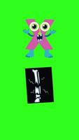 Bright animation with a playful monster introducing the letter X and an X-ray image, set against a green background video