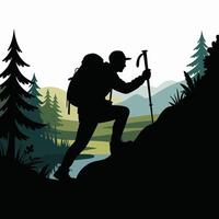 Silhouette of Hiker Climbing Hill in Forest Landscape vector