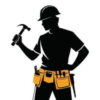Black silhouette of construction worker holding hammer with tool belt vector