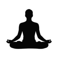 Black silhouette of person in lotus position meditating on white background vector