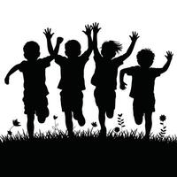 Silhouette of children jumping in the grass vector
