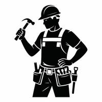 Black and white carpenter silhouette holding hammer with tool belt vector