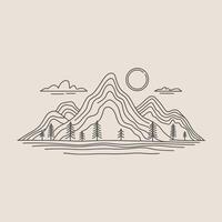 Line art landscape with mountains sun clouds and trees on beige background vector