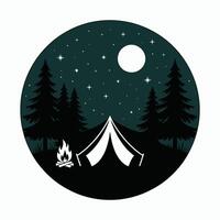 Camping scene illustration with tent campfire trees moon and stars in a circle vector